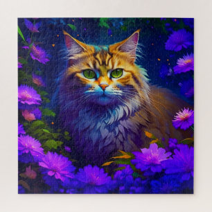 Süße orange Kätzchen Katze in Blumen Puzzle