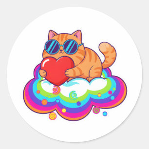 Süße orange Katze hält rotes Herz auf Regenbogenwo Runder Aufkleber