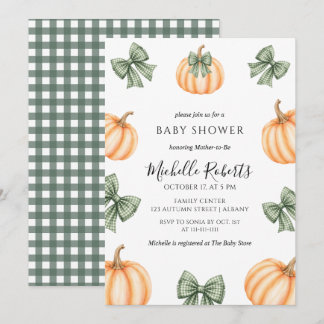 Süße orange Kürbisse grün kariert Baby Shower Einladung