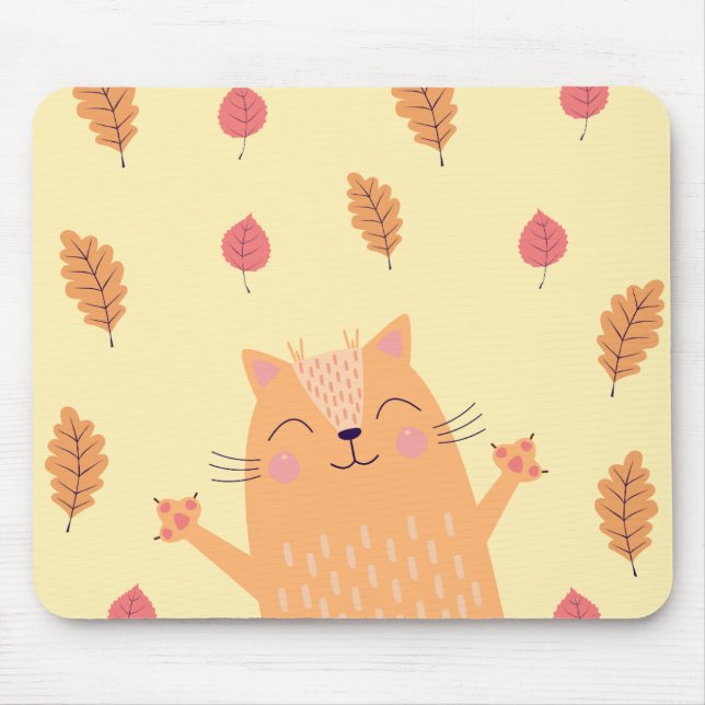 Süße orangefarbene Katze spielt im Herbstlaub Mousepad (Vorne)