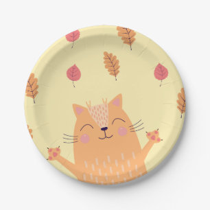 Süße orangefarbene Katze spielt im Herbstlaub Pappteller