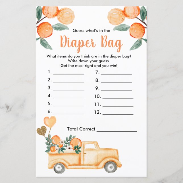 Süsse Orangenzitrus raten, was in der Windeltasche (Vorderseite)