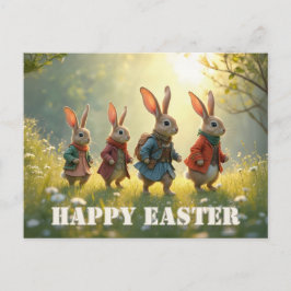 Süße Osterhasen beim Spaziergang auf einer Frühlin Postkarte