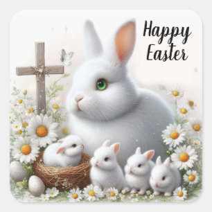 Süße Osterhasen, Kreuz und Gänseblümchen  Quadratischer Aufkleber