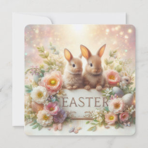 Süße Osterhasen mit Blumen und Ostereiern Feiertagskarte