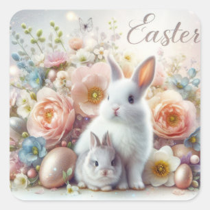 Süße Osterhasen, Ostereier und Blumen Quadratischer Aufkleber