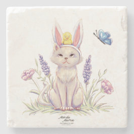 Süße Ostern-Katze-mit-Küken-Illustration Steinuntersetzer