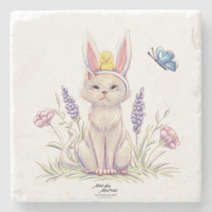 Süße Ostern-Katze-mit-Küken-Illustration Steinuntersetzer