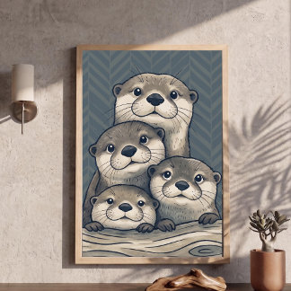 Süße Otterfamilie-Nursery-Kunst Chevron-Hintergrun Poster