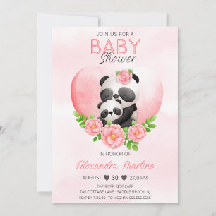 Süße Panda-Mama & Baby Rosa Florales Babyshower Einladung