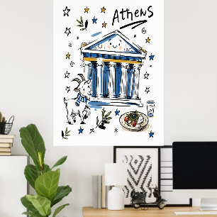 Süße Parthenon-Athen-Doodle-Kunst Poster