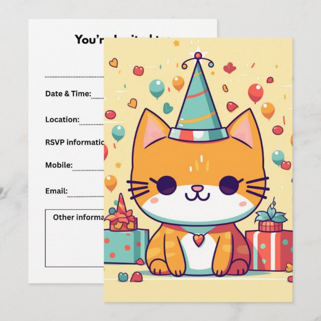 Süße Party-Katz Geburtstag,  Einladung (Vorne/Hinten)