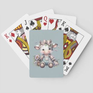 Süße Pastell-Babykuh in Latzhose mit Blumen Spielkarten
