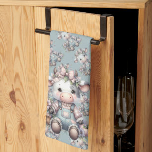 Süße Pastell-Babykuh in Overall mit Blumen Geschirrtuch