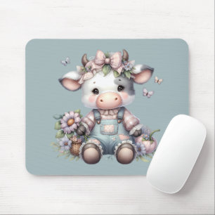 Süße Pastell-Babykuh in Overall mit Blumen Mousepad