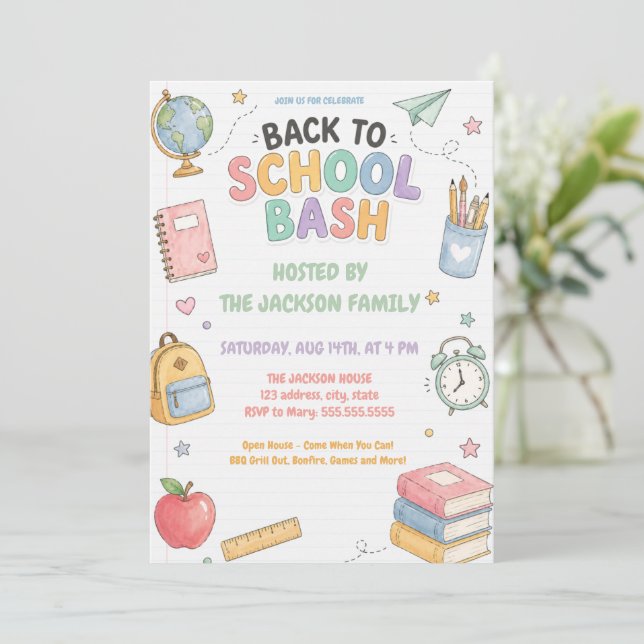 Süße Pastell-Back-to-School-Bash-Party Einladung (Stehend Vorderseite)
