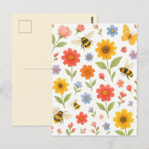 Süße Pastell-Blumen Hummel Garten Postkarte
