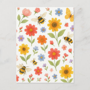 Süße Pastell-Blumen Hummel Garten Postkarte