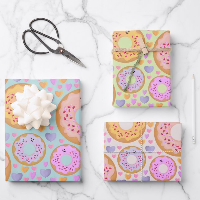 Süße Pastell-Donuts & Herzen Geschenkpapier Set (Vorderseite)