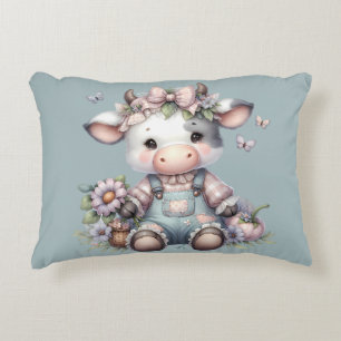 Süße Pastell-Farben-Babykuh in Overall mit Blumen Dekokissen