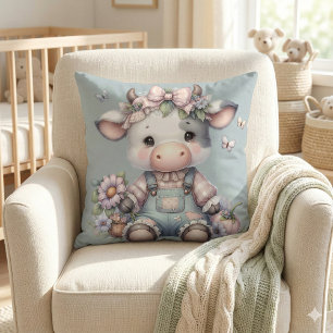 Süße Pastell-Farbene Babykuh in Overall mit Blumen Kissen
