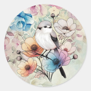 Süße Pastell-Frühlings-Aquarell-Blumen-Vogel Runder Aufkleber