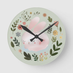 Süße Pastell-Frühlings-Hasen-Blumenkranz-Kinderzim Runde Wanduhr