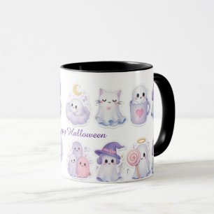 Süße Pastell-Geister-Halloween-Katze-Hexe-Kaffeeta Tasse