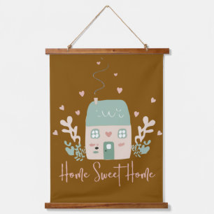 Süße Pastell-"Home Sweet Home"-Illustration – Gemü Wandteppich Mit Holzrahmen