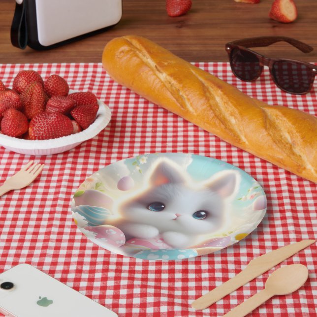 Süße Pastell-Kawaii-Kätzchen-Osterhasen-Eier Pappteller (Picknick)