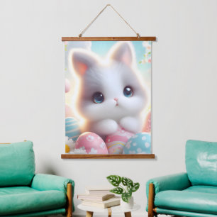 Süße Pastell-Kawaii-Kätzchen-Osterhasen-Eier Wandteppich Mit Holzrahmen