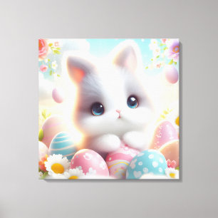 Süße Pastell-Kawaii-Kätzchen-Osterhasen Leinwanddruck