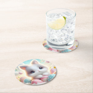 Süße Pastell-Kawaii-Kätzchen-Osterhasen Runder Pappuntersetzer