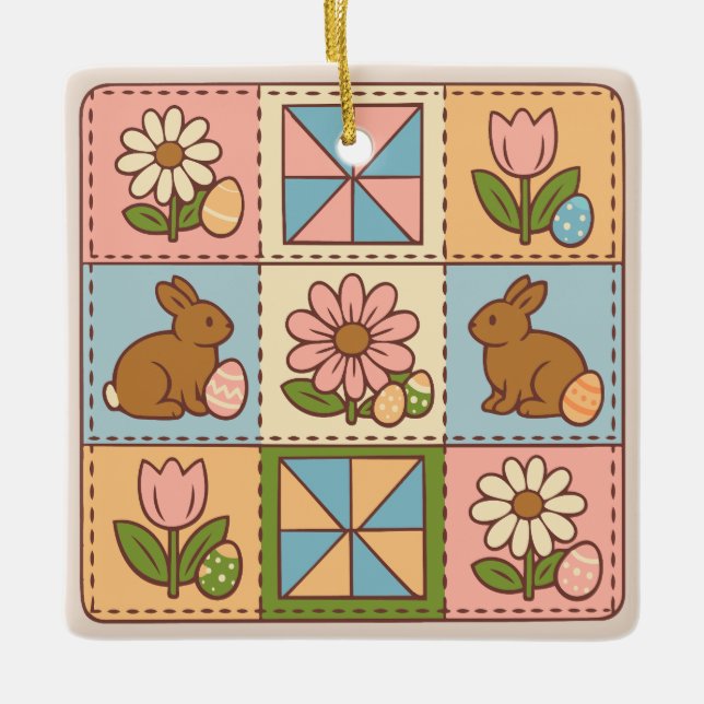 Süße Pastell-Osterhasen-Blumen-Patchwork  Keramikornament (Vorderseite)