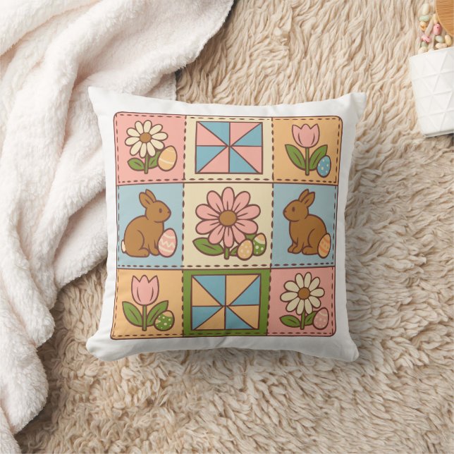 Süße Pastell-Osterhasen-Blumen-Patchwork  Kissen (Decke)