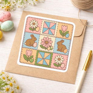 Süße Pastell-Osterhasen-Blumen-Patchwork Quadratischer Aufkleber