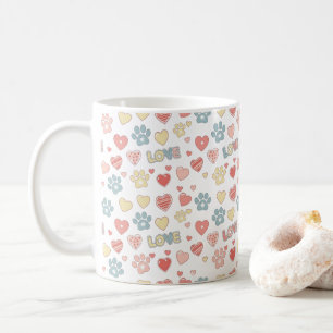 Süße Pastell-Pfotenabdrücke und Herzen "LIEBE" Mus Kaffeetasse