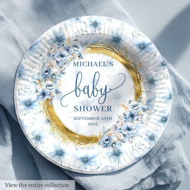 Süße pastellblaue Blume Goldjunge Baby Teller (Sweet pastel blue flower gold boho boy baby plates)