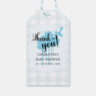 Süße Pastellblaue Gingham-Baby-Party Geschenkanhänger