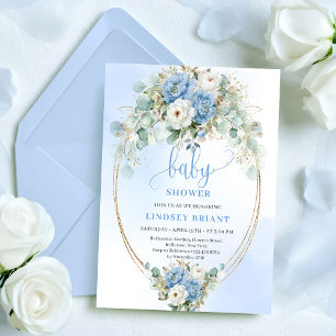 Süße Pastellblaue Pfingstrosen-Baby-Shower-Goldein Einladung