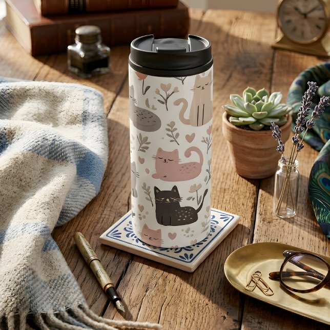 Süße Pastellkatze und Blumenmuster Thermosbecher (Von Creator hochgeladen)
