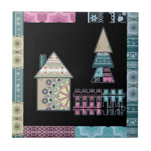 Süße Patchwork-Quilt-Haus-Baum-Abstrakt-Formen Fliese