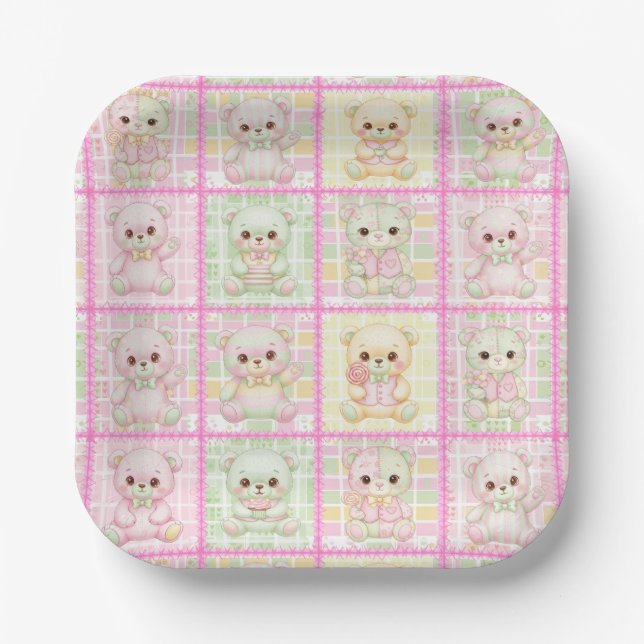Süße Patchwork-Teddybär-Decke Nahtlos Pappteller (Vorderseite)
