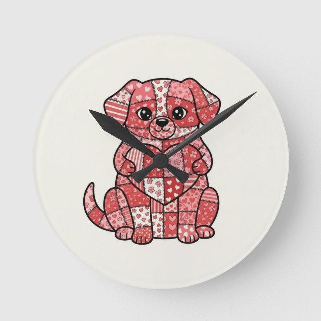 Süße Patchwork-Welpe-Hund-Illustration mit Herz  Runde Wanduhr (Vorderseite)