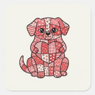 Süße Patchwork-Welpe mit Herz-Illustration Quadratischer Aufkleber