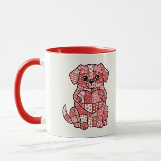 Süße Patchwork-Welpe mit Herz-Illustration  Tasse (Links)