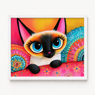 Süße Peek Pink und Orange Siamese Katzenmalerei Poster