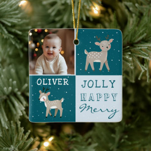 Süße personalisierte Baby-Foto-Rentier-Weihnachten Keramikornament