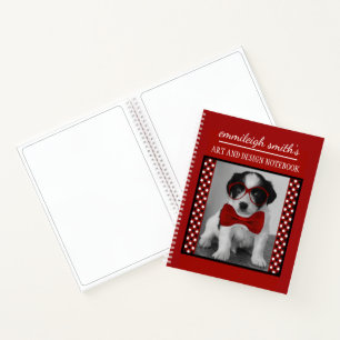 Süße personalisierte Hundebrille Schwarz Rot Polka Notizbuch