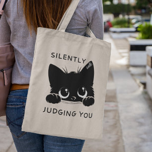 Süße personalisierte schwarze Katze beurteilt dich Tragetasche